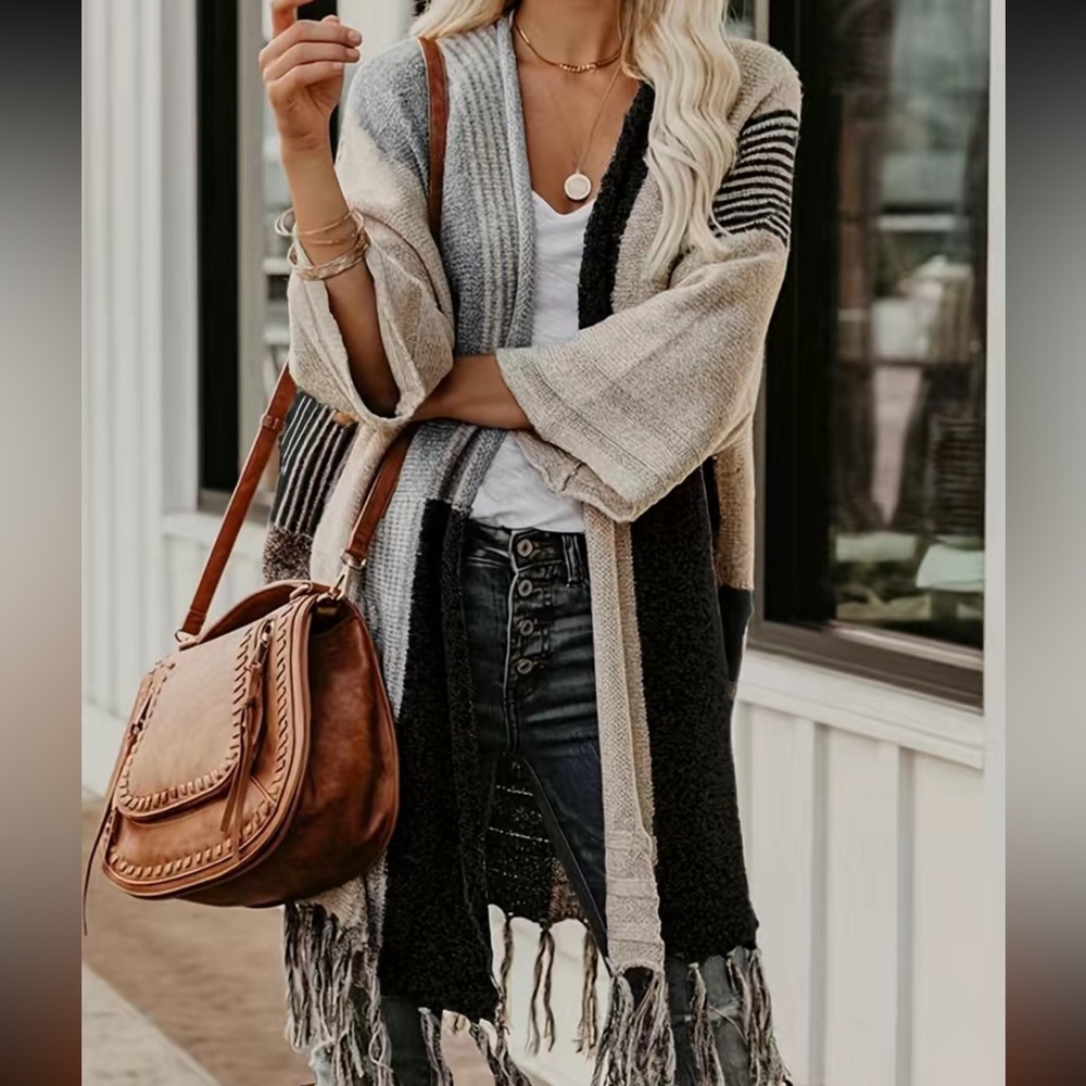 Color Block Open Front Cardigan Fringe Hem